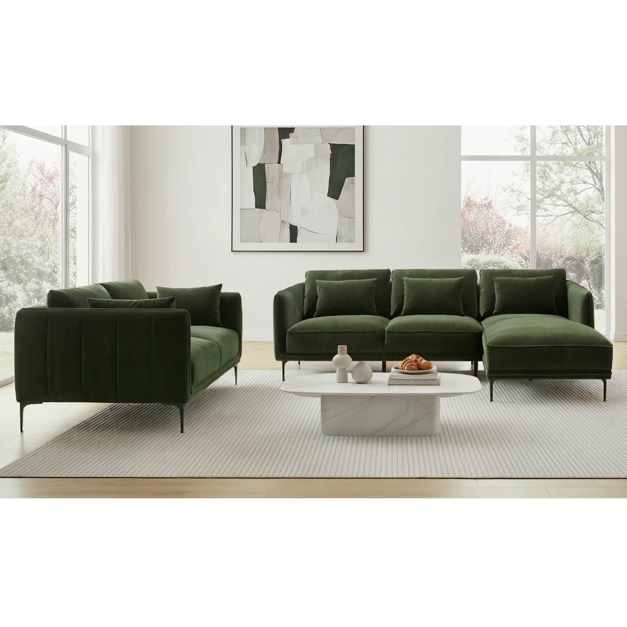 Rae 3 Piece Upholstered Living Room Set, Military Green, Right Hand Facing