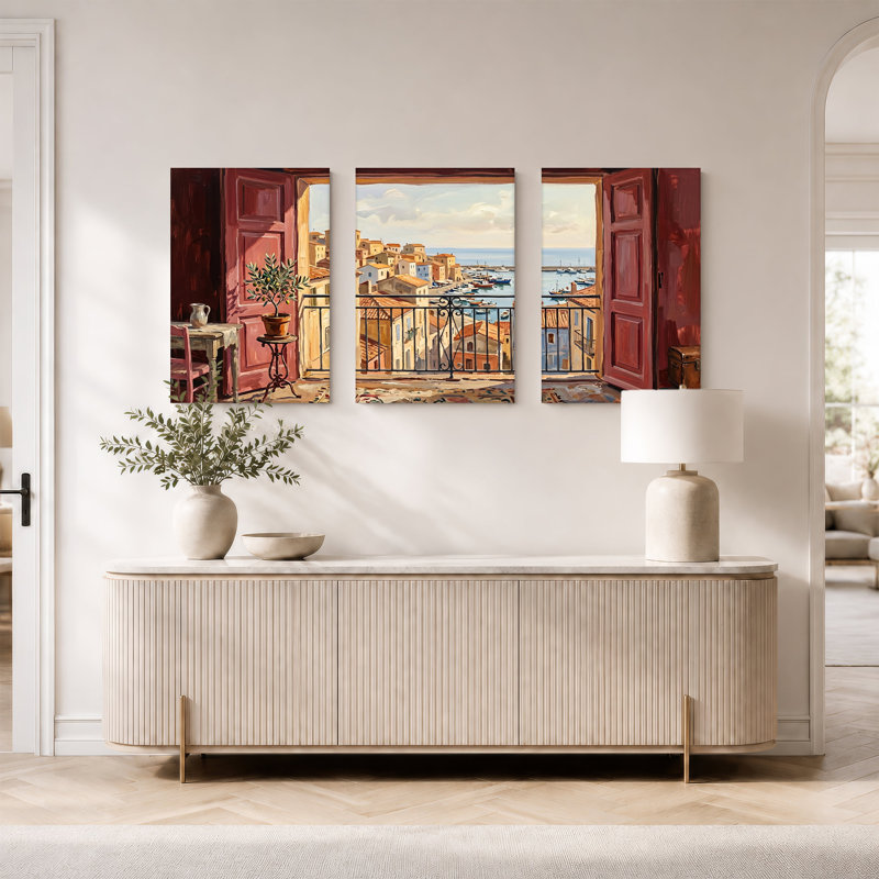 Ensemble de 3 toiles sur le port méditerranéen, 24"H x 16"W x 3pcs