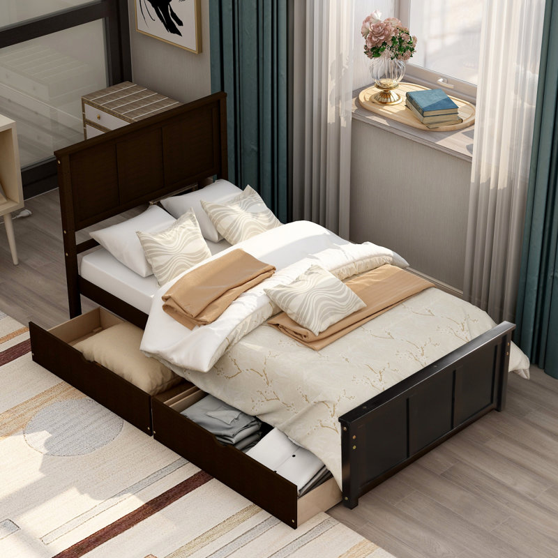 Lit plateforme avec rangement, 2 tiroirs avec roulettes, lit simple, Espresso
