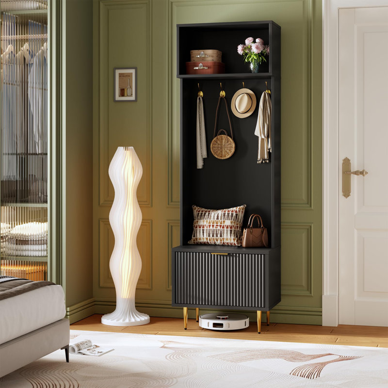 Banc d'entrée 3 en 1 avec rangement pour chaussures et porte-manteau, organisateur de vestibule blanc avec 4 crochets dorés et pieds en métal doré, table d'entrée moderne pour le couloir, noir