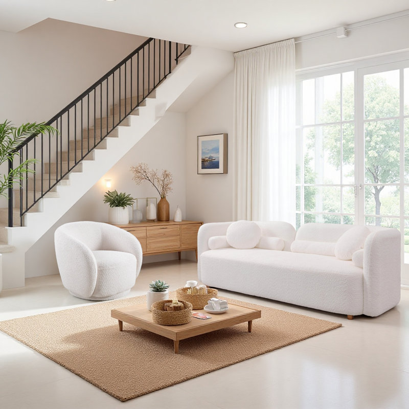 Ensemble de canapé de salon moderne 2 pièces avec fauteuil demi-tonneau pivotant à 360 ° et canapé rembourré 4 places, Blanc