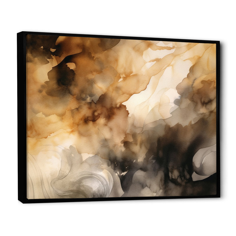 Brun et crème - Fluidité abstraite - art mural abstrait, Cadre flottant noir, H 34 po x l 44 po x P 1,5 po