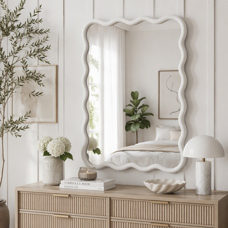 Wavy Rectangle Solid Wood Frame Mirror, White