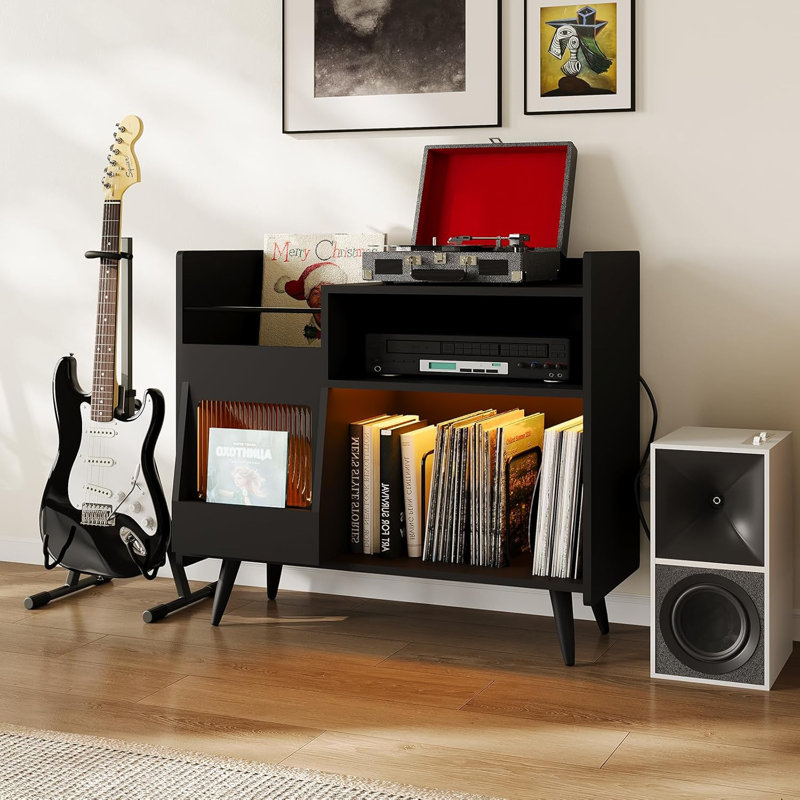Large Vinyl Record Player Stand with LED Lights, Storage Cabinet & Charging Station, Turntable Table Holds Up to 350 Albums for Living Room
