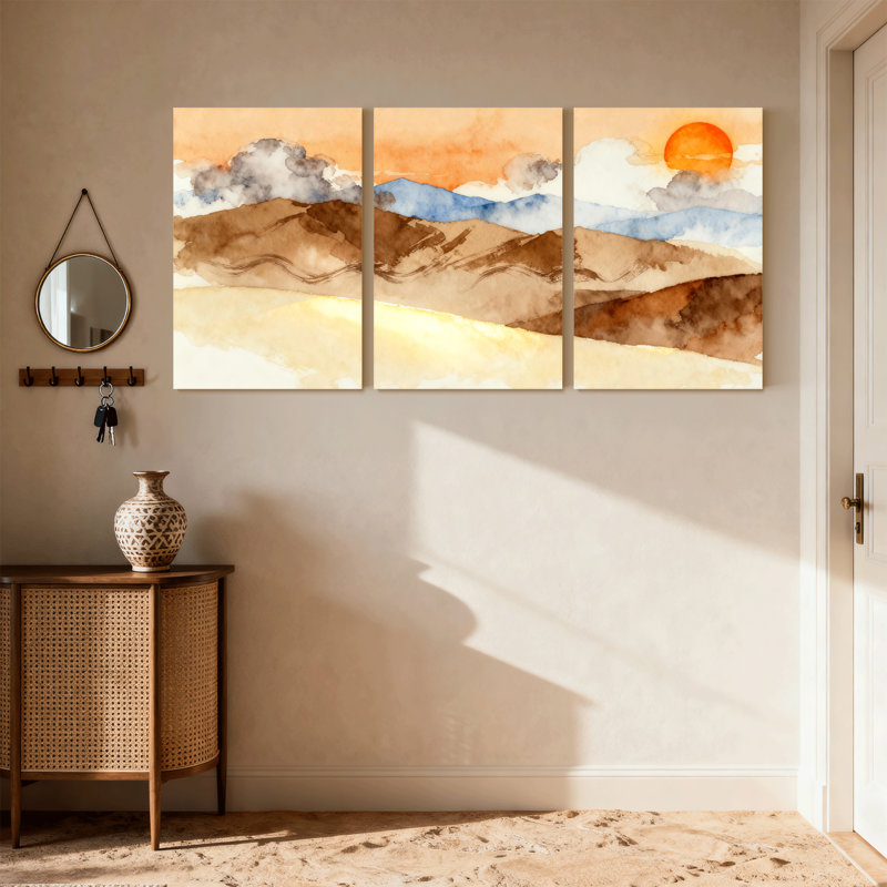 Abstrait, coucher de soleil, montagnes, nuages, paysage, aquarelle, ensemble de 3 impressions sur toile, H 18 po x l 36 po