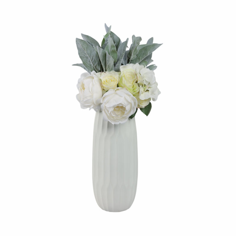 Stoneware Ceramic Vase with Textured Geometric Design, White, 14" H x 6" W x 6" D