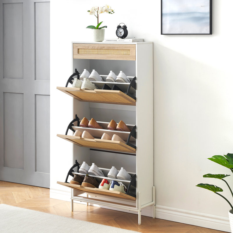 16 Pair Shoe Storage Cabinet, White/Natural Wood