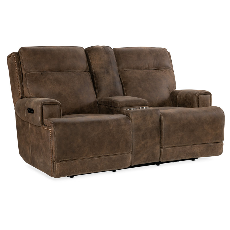Seville Timber Brown Leather Reclining Loveseat with Storage and Cup Holder