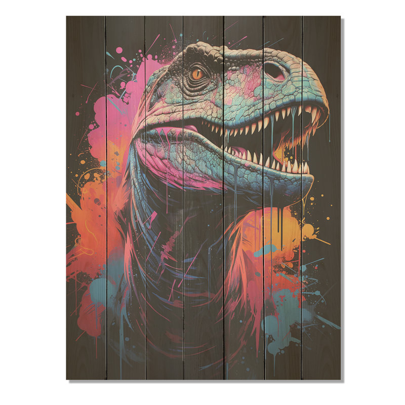Portrait de dinosaure préhistorique bleu et mauve - dinosaure sur bois, H 20 po x l 10 po