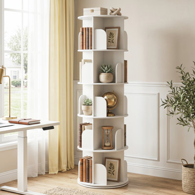 Bibliothèque rotative à 5 niveaux, bibliothèque blanche pivotante à 360 ° pour les petits espaces, bibliothèque d'angle pour chambre à coucher, salon, salle d'étude
