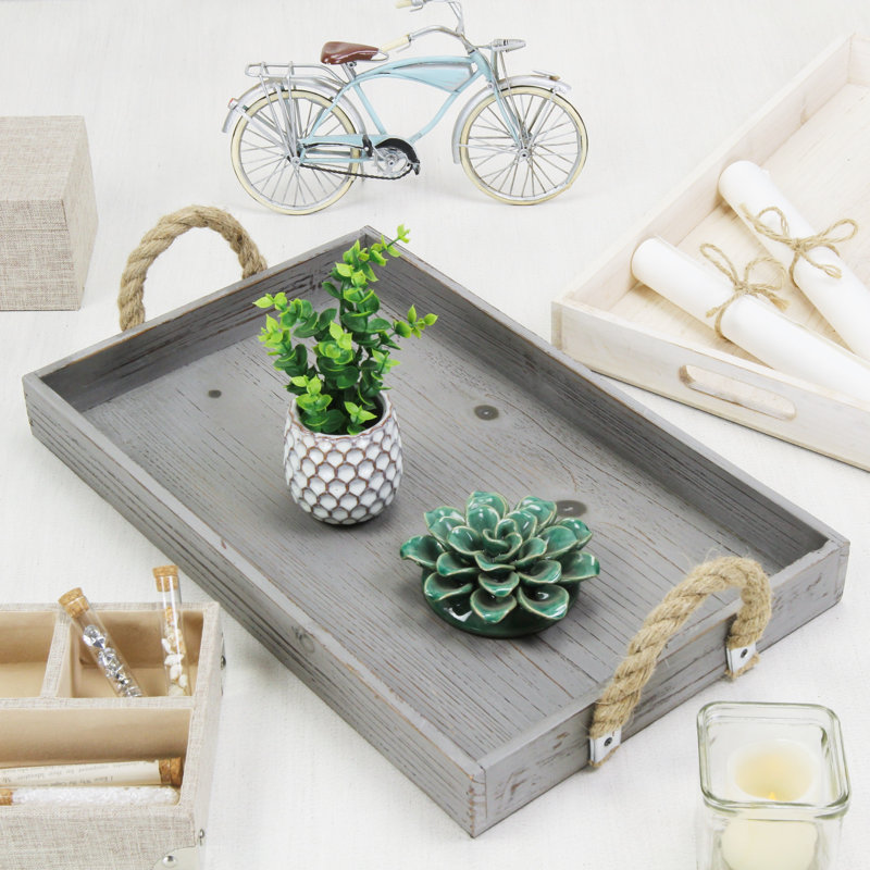 Baltazar Wooden Tray with Rope Handles, Gray
