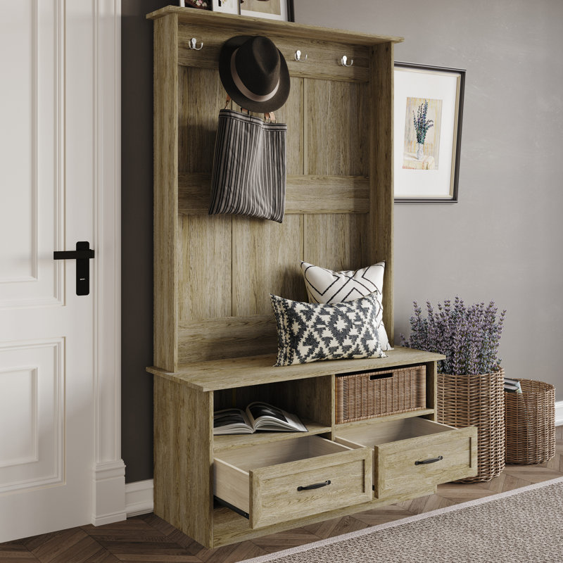 Hall Tree with Storage Cabinet In Brown, Light Oak