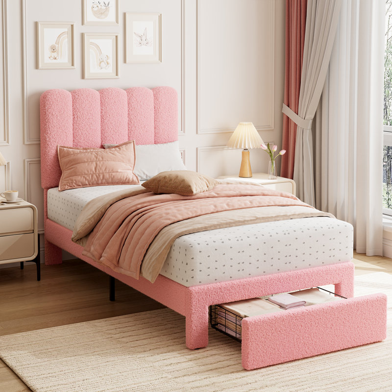 Base de lit tapissier Chic Chic - taille simple, tête de lit Wave, tiroir de rangement sous le lit, support de lattes en bois moderne, robuste et confortable, assemblage facile, aucune boîte fraîche nécessaire - rose, taille simple