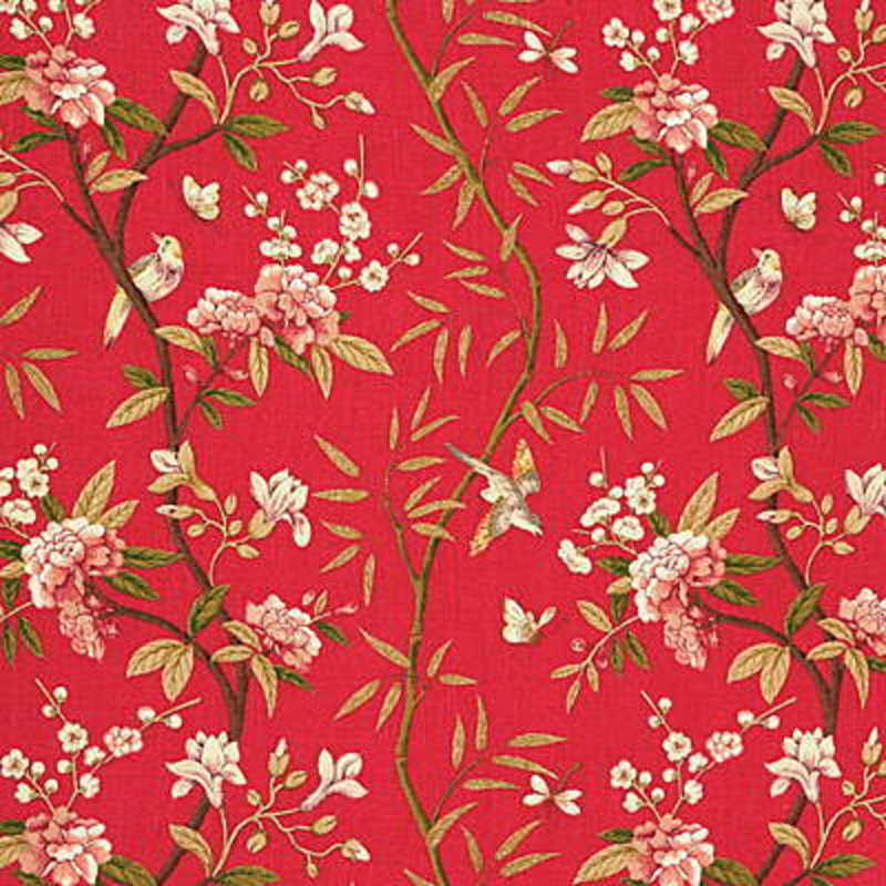 Perandor Peony and Blossom 100% Linen Performance Fabric, Red/Moss