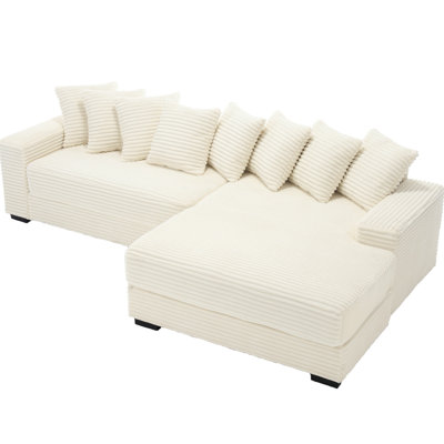 Canapé Absecon en forme de L beige avec méridienne droite, revêtement en velours côtelé séduisant, 8 coussins, facile à assembler, deux grands fauteuils en L, velours côtelé en L, assemblage rapide,