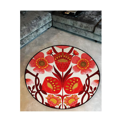 Red Themed Floral Rose Pattern Round Woven Base Modern Decorative Rug