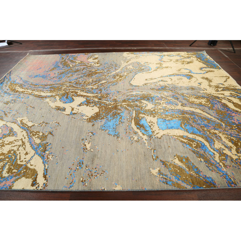 Tapis ivoire noué à la main de conception unique 9 pi 2 po x 12 pi 1 po New Age