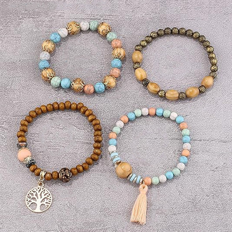 4 In1 Handmade Tree & Tassel Charms Beads Multilayer Bracelet Vintage Wrap Bracelet For Women Female, Cream