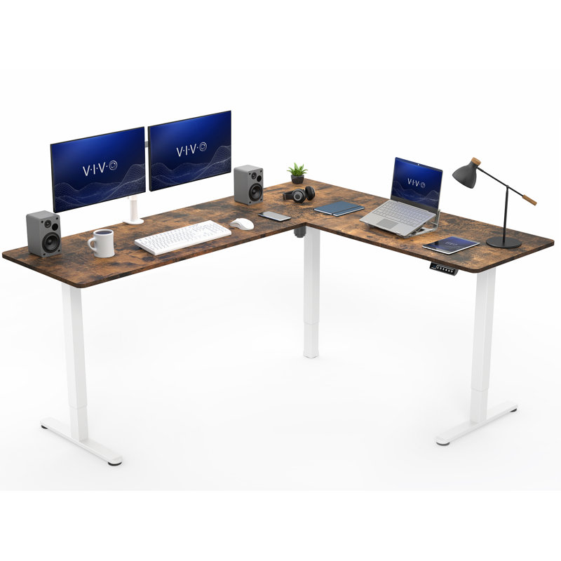 Bureau debout d'angle électrique VIVO, 75 po x 63 po, Brun rétro / blanc