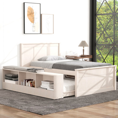 Lit plateforme simple en bois avec lit gigogne escamotable, armoire de rangement, blanc crème
