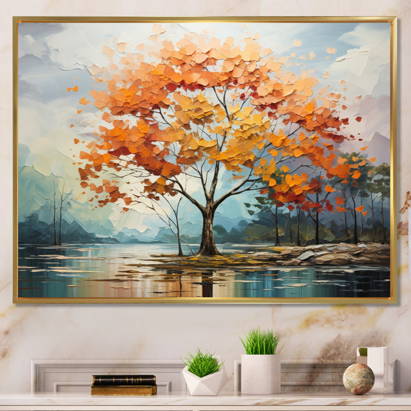 Érable orange majestueux I - arbre érable, art mural, H 34 po x l 44 po x P 1,5 po, Cadre flottant doré