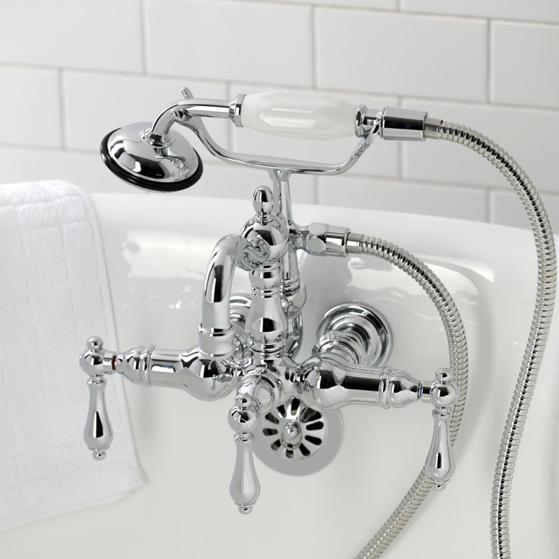 Kingston Brass Heritage Three-Handle 2-Hole Tub Wall Mount Clawfoot Tub Faucet with Hand Shower, Polished Chrome