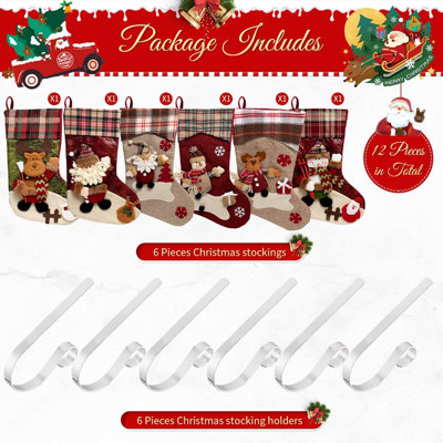 Ensemble de 6 bas de Noël 18 pouces avec 6 pièces de porte-bas de Noël en alliage de zinc Supports de cheminée réglables pour fournitures de manteau de fête de famille (style écossais de Noël Buffalo)