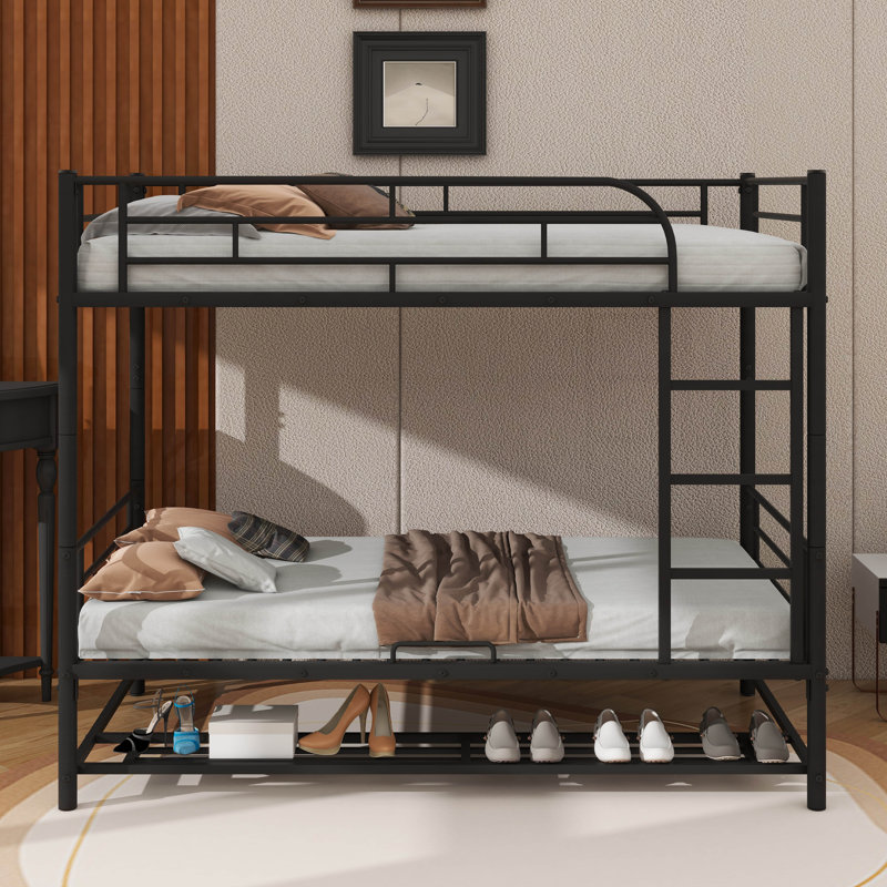 Twin Over Twin Metal Bunk Bed Equipped With Shelf And Safety Guardrails By XIUYE, Black