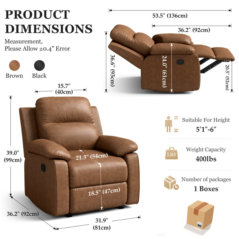 31.9" W Upholstered Manual Recliner, Brown