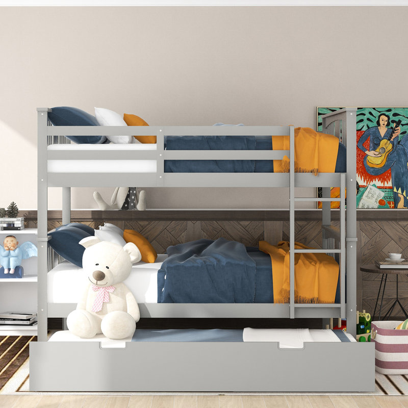 Grey Full Over Bunk Bed With & Twin Trundle. Solid Construction, Meets Bedroom Requirements In Size Stable Frame, Complements Decor