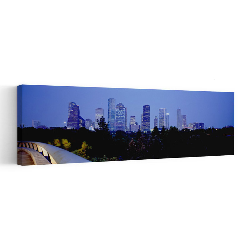 Buildings Lit Up At Dusk Houston Texas USA by Jerry Driendl Photography - Wrapped Canvas Panoramic Print
