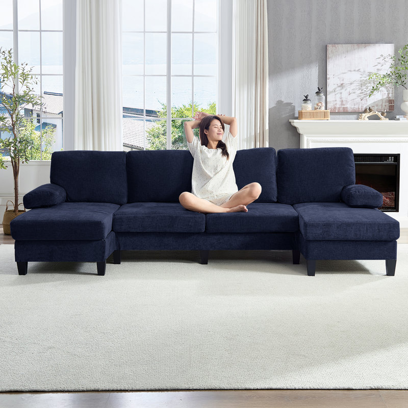Canapé modulaire 110 po convertible en forme de L et en U, canapé en velours côtelé avec deux coussins de soutien et 2 repose-pieds
