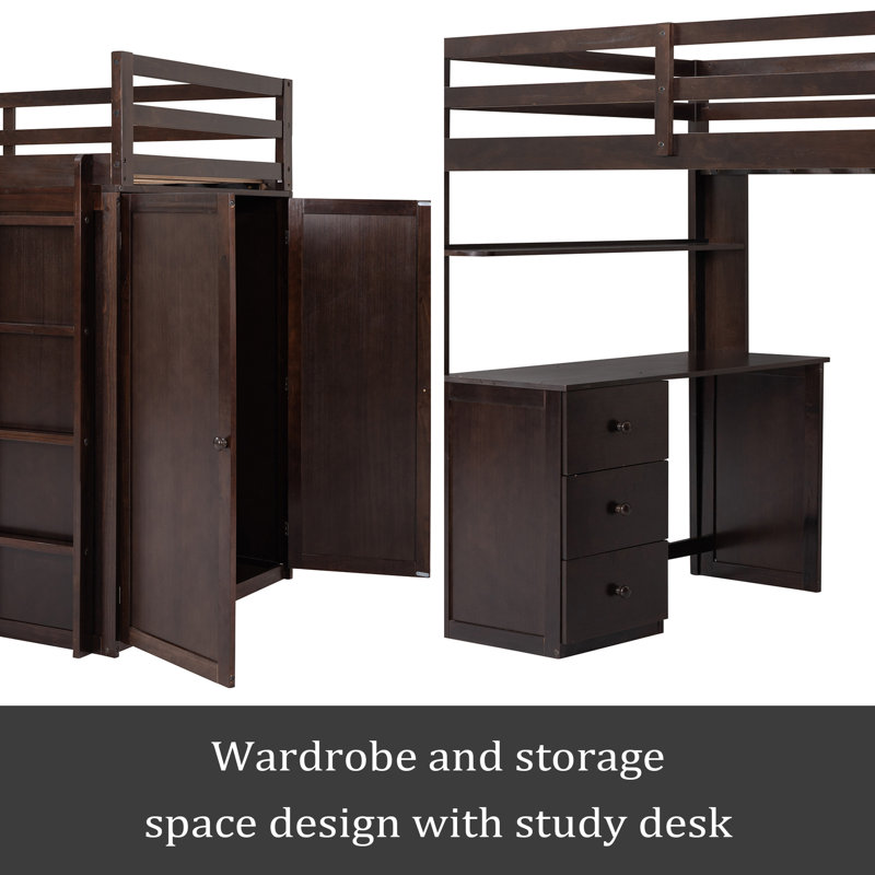 Lit mezzanine avec tiroirs, bureau et garde-robe, Lit simple, Espresso