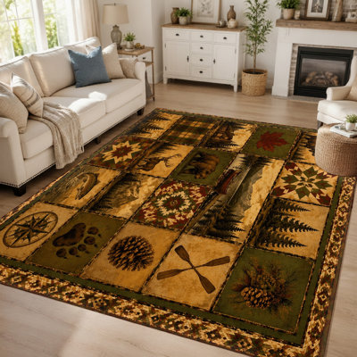 Tapis rustique à motif patchwork 1Pcs - animaux de la forêt, scènes de la nature, ours, cerf, pommes de pin, boussole, raquettes de canot, motifs géométriques, lavable, envers antidérapant, utilisation intérieure pour le salon, la chambre à couche