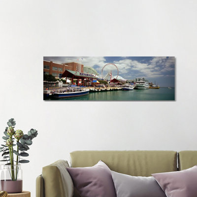 Boats Moored At A Harbor, Navy Pier, Chicago, Illinois, USA - Wrapped Canvas Panoramic Print