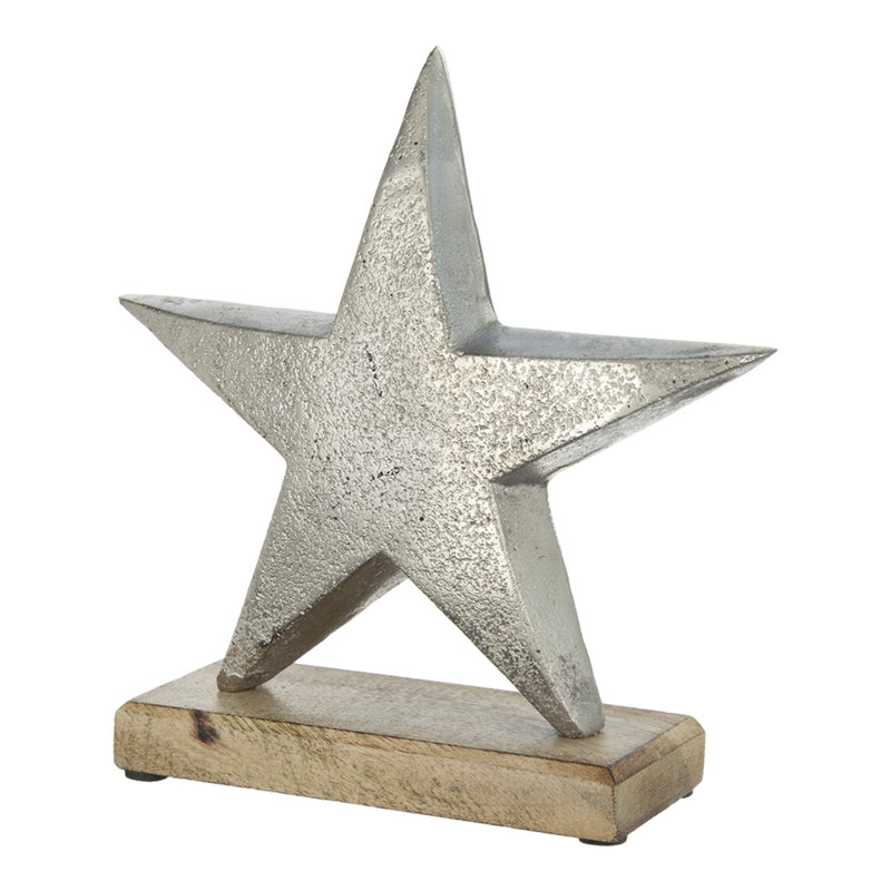 Étoile en aluminium sur base en bois de manguier - 8 po x 2,5 po x 8 po - argent, brun