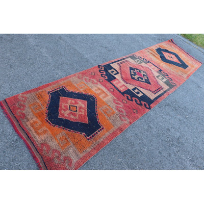 Handmade Turkish Runner Rug With Geometric Motifs For Boho Style Hallways In Wool Material