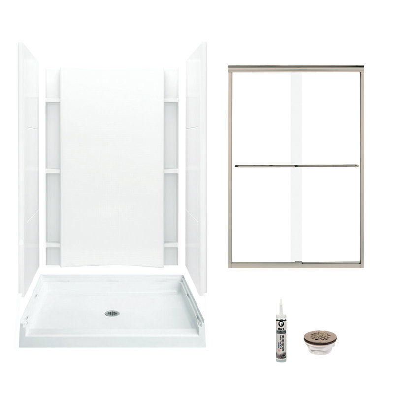 48" W x 77" H Frameless Rectangle Sliding Shower Kit with Towel Bar and Base Included, Nickel