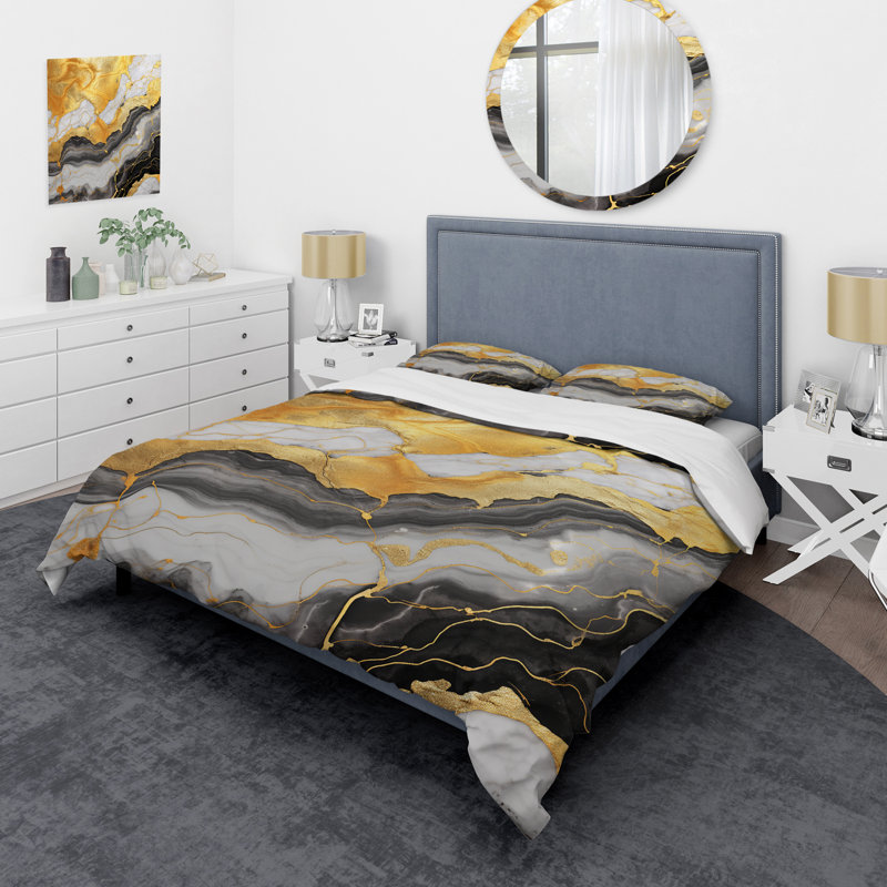 Ensemble de housse de couette en marbre abstrait doré et gris, Housse de couette simple + 1 taie décorative stan