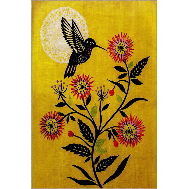 Tapis jaune lavable à motif floral jaune, Sous-tapis rectangulaire de 3 pi 3 po x 4 pi 11 po