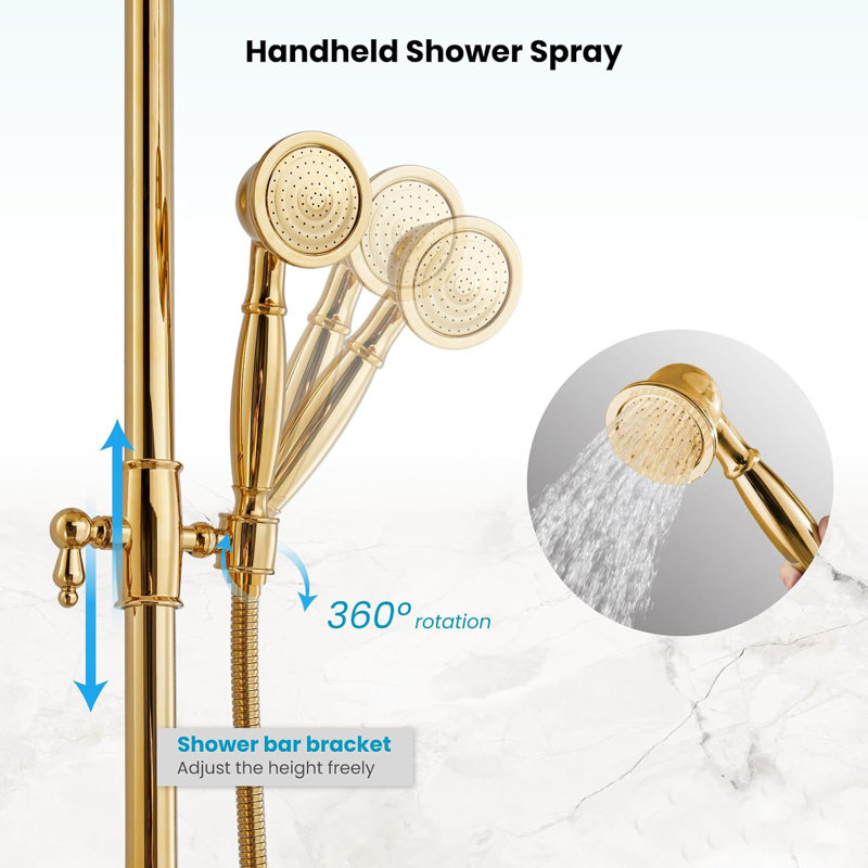 Ensemble de système de douche à pluie or poli 2 boutons mélangeant une pomme de douche à pluie ronde de 8 pouces avec robinet de douche à main