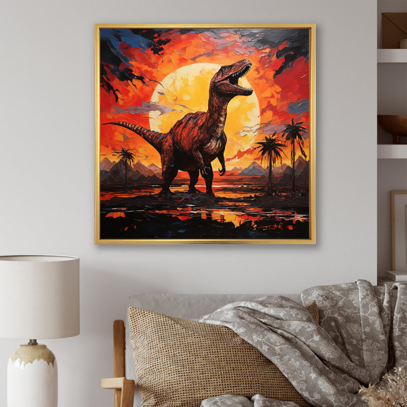 «Red and Yellow Dinosaur Sunset III - Dinosaur», art mural encadré, Cadre flottant doré, 36" H x 36" W