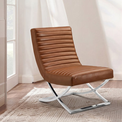 Magdala 26.38"W Modern Tufted Genuine Leather Upholstered Accent Lounge Chair with Stainless Steel Frame