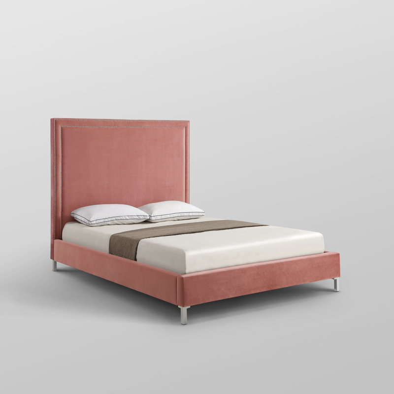 Lit plateforme tapissier Crampton, Grand lit, Velours, Rosé