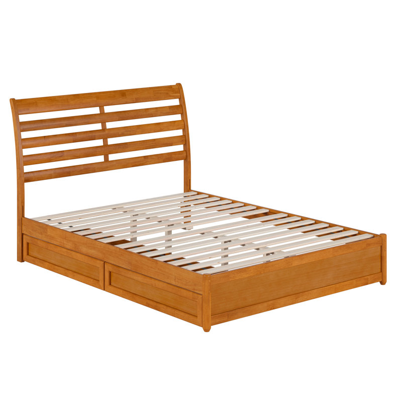 Lit plateforme avec rangement en bois massif et pied de lit Lamareon, Caramel clair, Grand