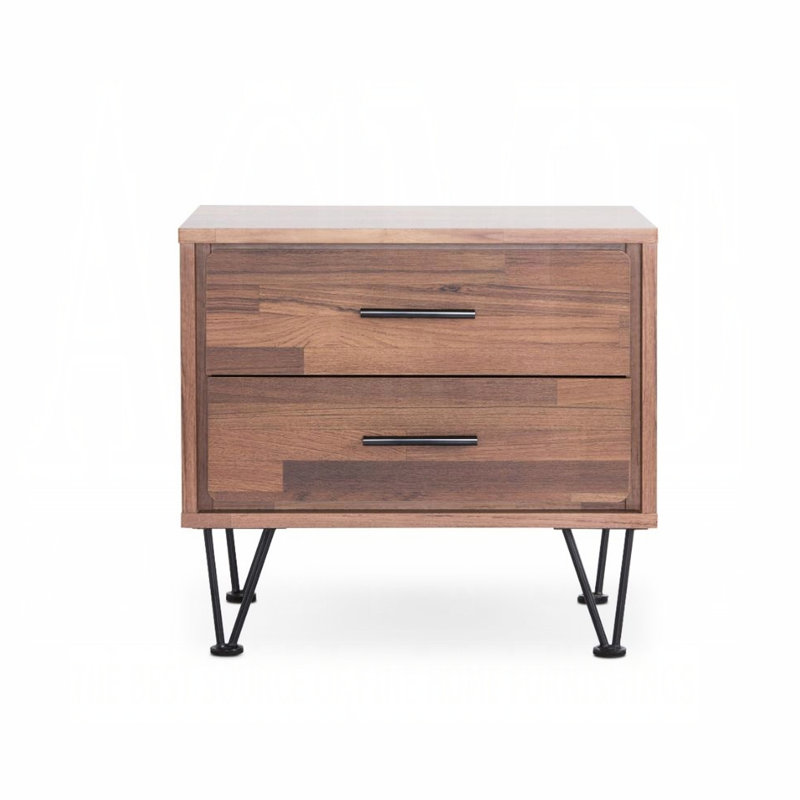 Table de chevet en noyer avec 2 tiroirs et pieds en métal