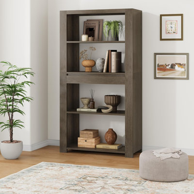 72" Vintage Farmhouse Bookshelf with Drawer, 4-Tier Wide Storage Cabinet, Heavy Duty Anti-Tip Wooden Shelves for Living Room, Office, Bedroom, Gray