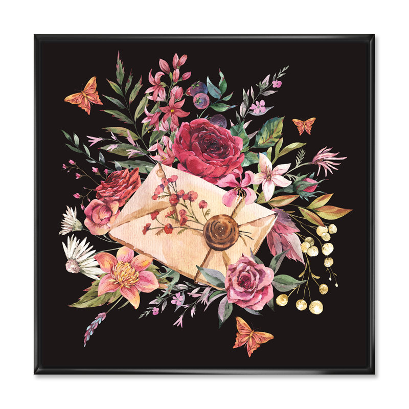 Lettre rétro vintage avec fleurs - peinture sur toile, H 36 po x l 36 po x P 1 po, Cadre flottant noir