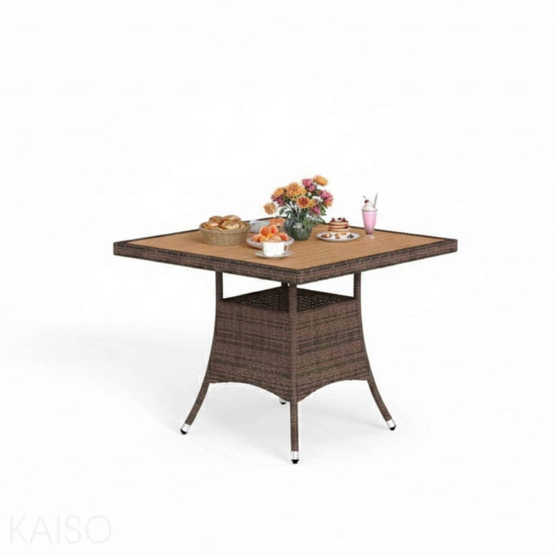 Table de salle à manger 1 pièce carrée en rotin brun avec bois d'acacia