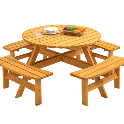 Table de camping pour 8 personnes en plein air, pique-nique en bois avec siège, jardin serein, 4 bancs intégrés, capacité de 2220 lb, qualité du bois naturel 8 - bois et jardin, sièges intégrés